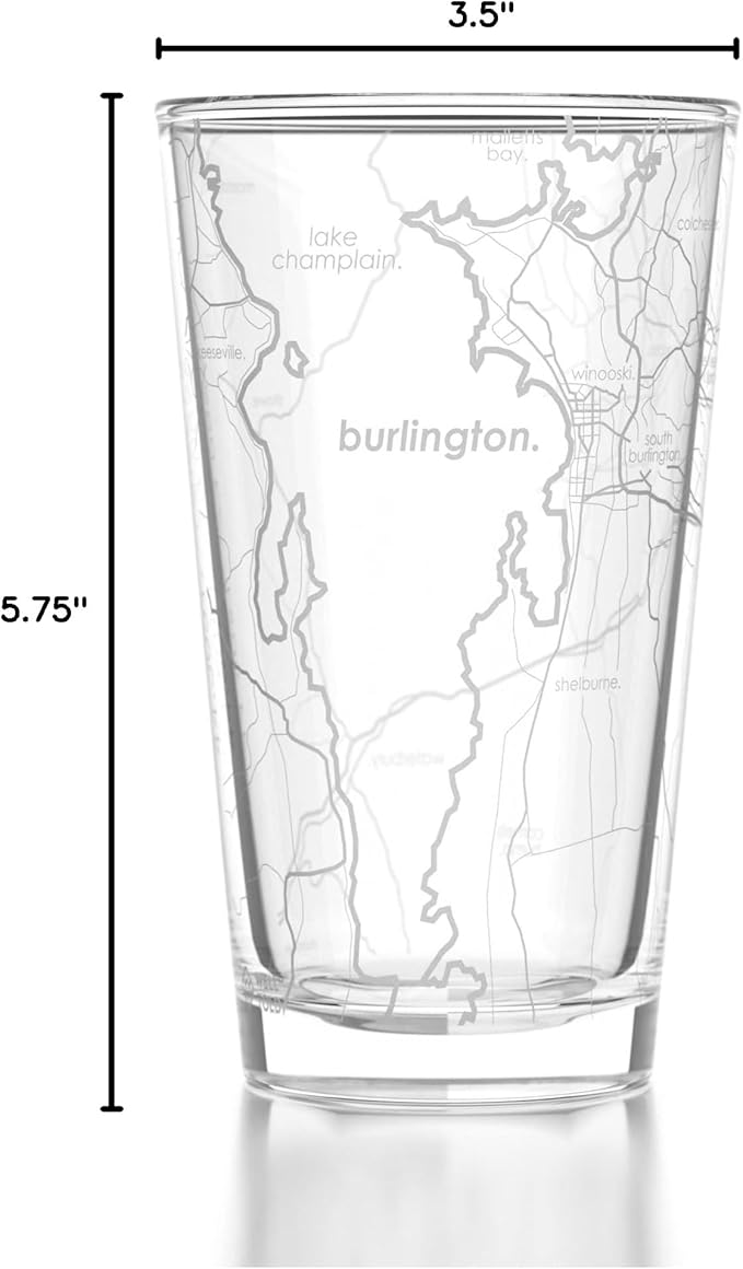 Well Told Engraved Burlington Vermont Map Pint Glass, Etched Beer Gift (16 oz, Clear) City Map Pint, Custom City Glassware, Gifts For Beer Lovers