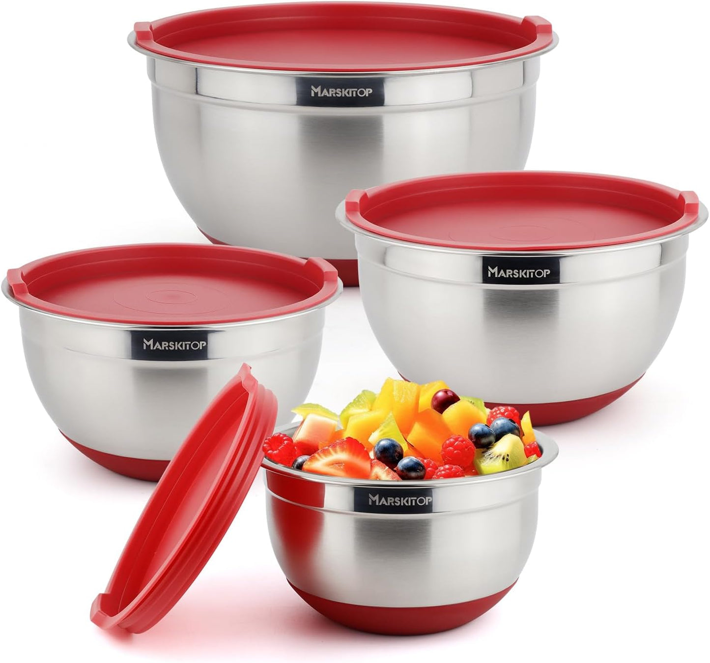 MARSKITOP Stainless Steel Mixing Bowls with Lids Set, Nesting Mixing Bowls with Airtight Lids, Measurement Marks and Red Non-Slip Bottoms, Great for Mixing and Serving, Size 5, 3, 2, 1.5QT