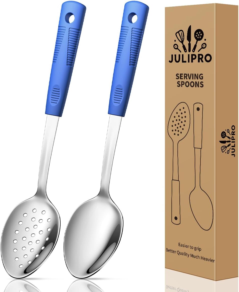 2-Piece,Stainless Steel Serving spoons set with Slotted Spoon.Serving Spoon and Perforated Spoon, kitchen cooking serving utensils set cooking spoon-blue