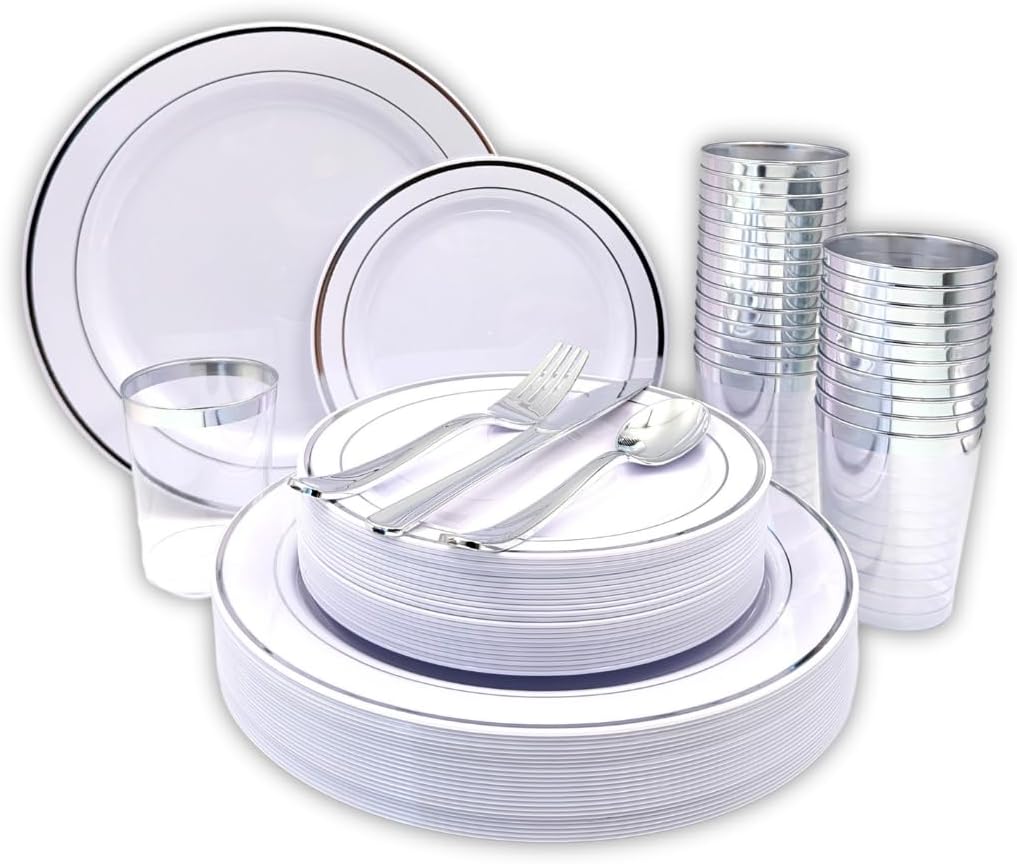Tableware Dinnerware Set, Premium Heavyweight, Reusable or Disposable Party Plates, Includes Dinner Plate, Dessert Plate, Cutlery, and Cup (Silver, 150-Piece Set, Serves 25 Guests)
