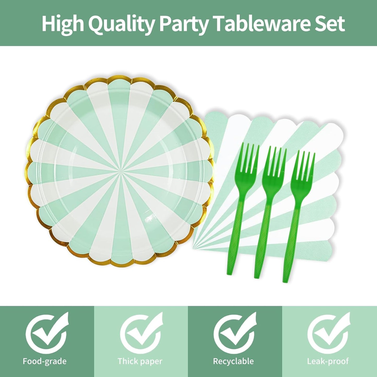 72PCS Sage Green Paper Plates and Napkins Party Supplies, Gold Foil Edge Scalloped Striped Plates Napkins Disposable Tableware Set for Birthday Wedding Baby Shower Party Decoration (Green)