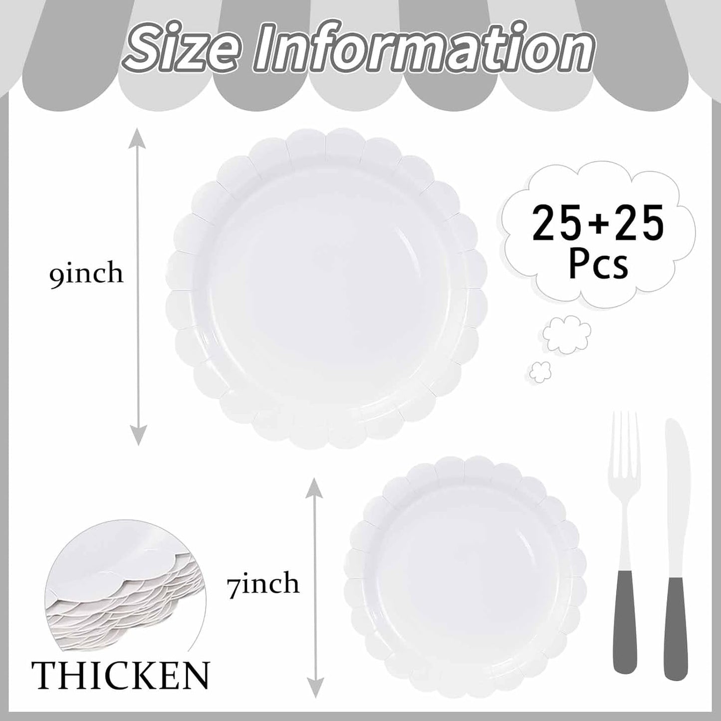 50 Pcs White Scalloped Paper Plates 25 × 7'' and 25 × 9'' Disposable White Scalloped Dinner Plates for Wedding Baby Shower Birthday Party Disposable Dessert Plate