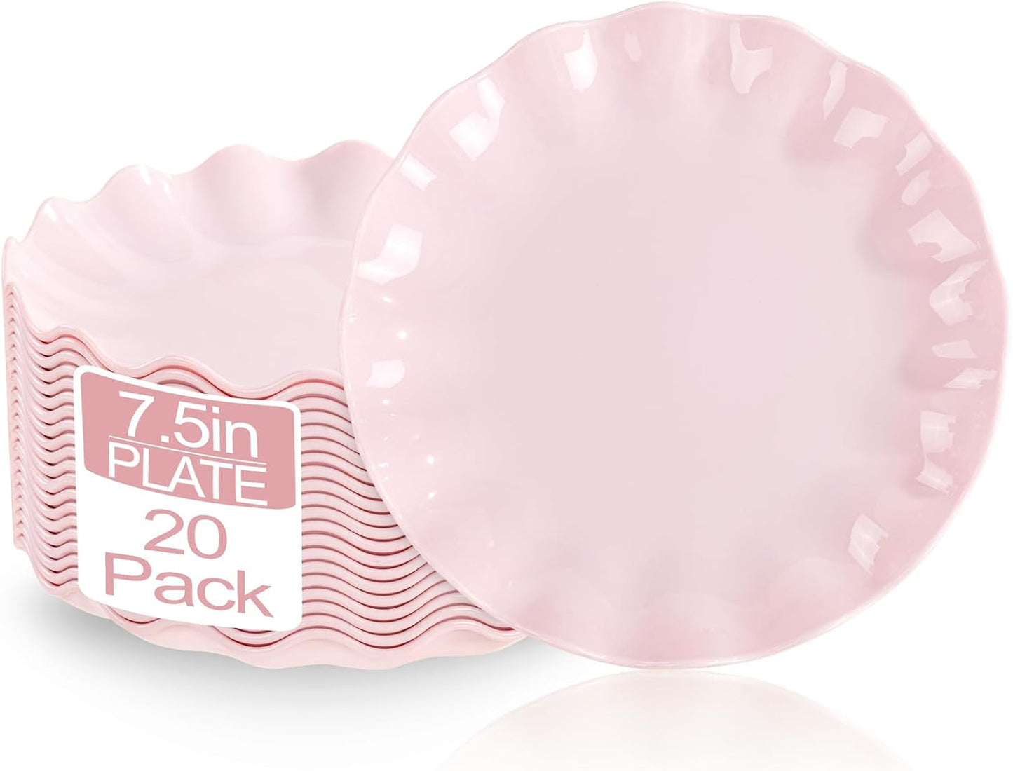LIYH 20 Pcs 7.5 Inch Pink Scalloped Plastic Plates Reusable - Unbreakable Plastic Cake Dessert Plates for Weddings Party Outdoor Picnics Dishwasher Safe BPA Free (20Guests)