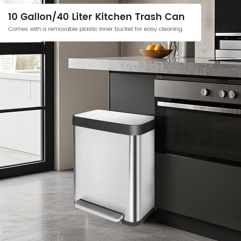 10 Gallon Stainless Steel Trash Can with Removable Inner Bucket, Soft Close Lid, and Hands-Free Foot Pedal - Modern Kitchen Waste Bin