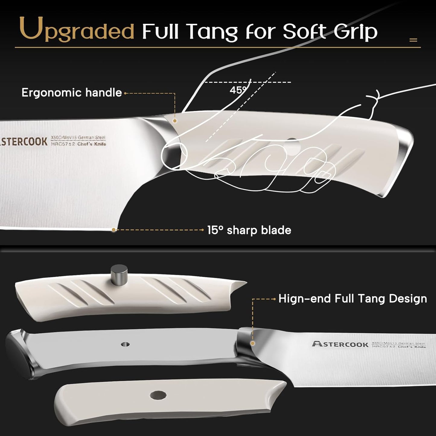 Astercook Knife Set Kitchen with Block and Dual Sharpener Full Tang 15 Pcs German Stainless Steel Knives Dishwasher Safe Kitchen Utensils Set with Anti-slip Ergonomic Handle, Elegant White