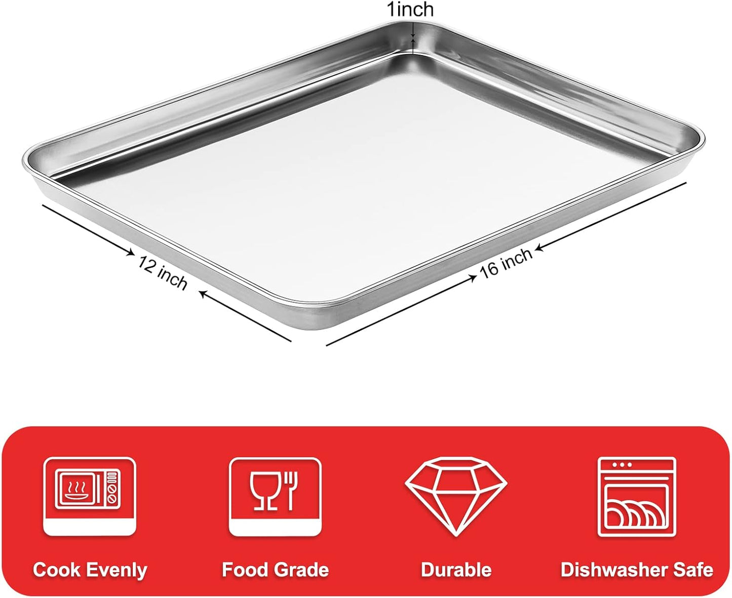 Stainless Steel Baking Sheet Cookie Tray, Cookie Sheet for Toaster Oven Baking Pan Tray, Jelly Roll Pan Size 16 x 12 x 1 Inch Easy Clean & Non-stick & Non-toxic & Dishwasher Safe