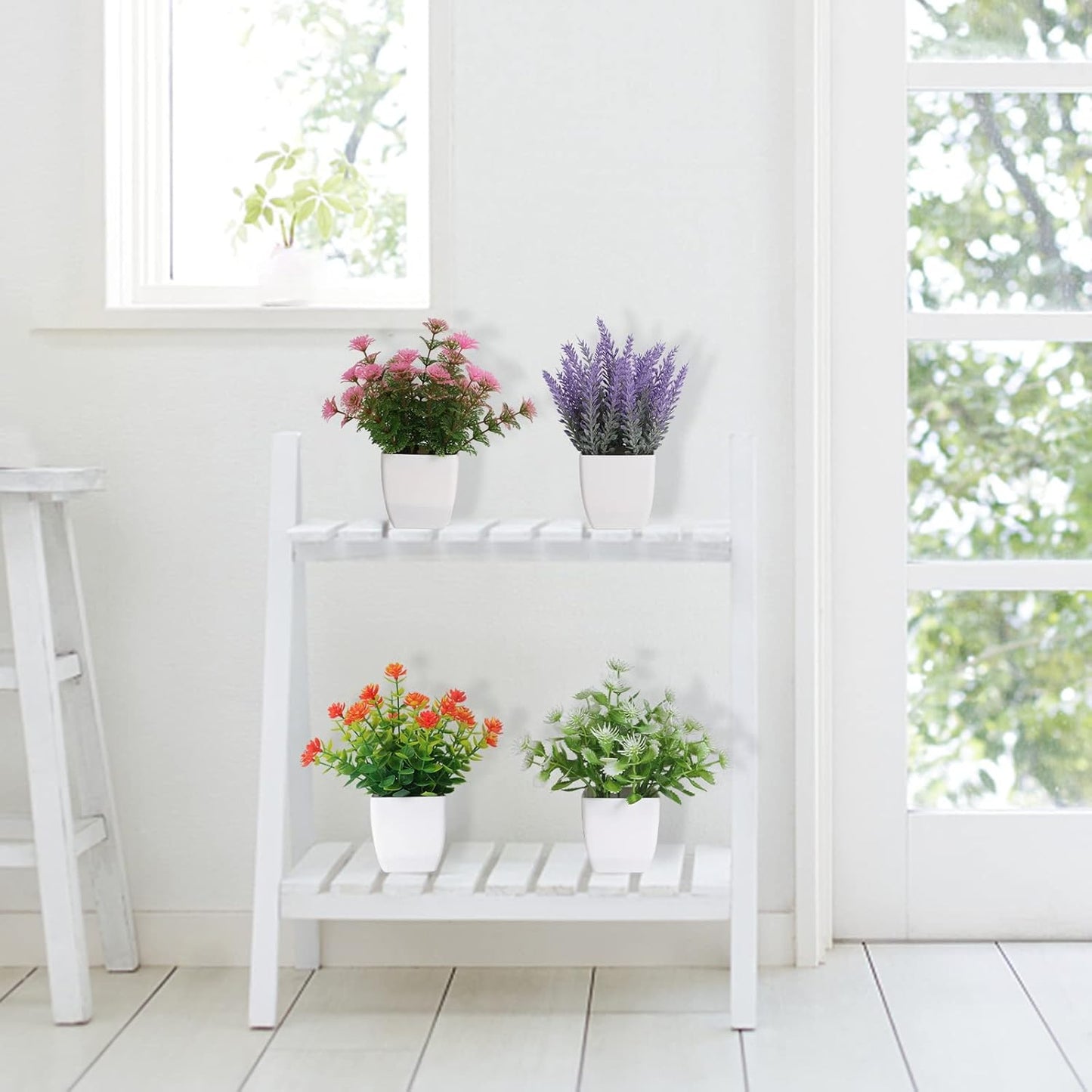 Artificial Potted Flowers 4pcs Fake Small Plant in Pot Mini Faux Plant Door House Office Tabletop Kitchen Colorful Greenery Decor