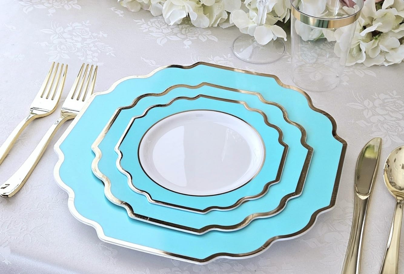 " OCCASIONS " 80 Plates Pack,(40 Guests) Heavyweight Wedding Party Disposable Plastic Plates -40 x 10.5'' Dinner + 40 x 8'' Salad/Dessert Plate (Imperial Aqua/Gold))