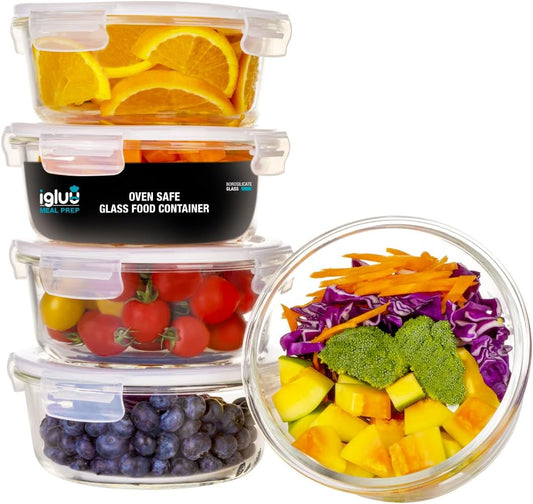Igluu Meal Prep Glass Containers [5 pack + extra lid] - Glass Food Storage, Microwave, Oven, Freezer & Dishwasher -safe - Airtight Meal Prep Boxes with Snap Lock Steam Vent Lids, BPA-Free (950ml 32oz)