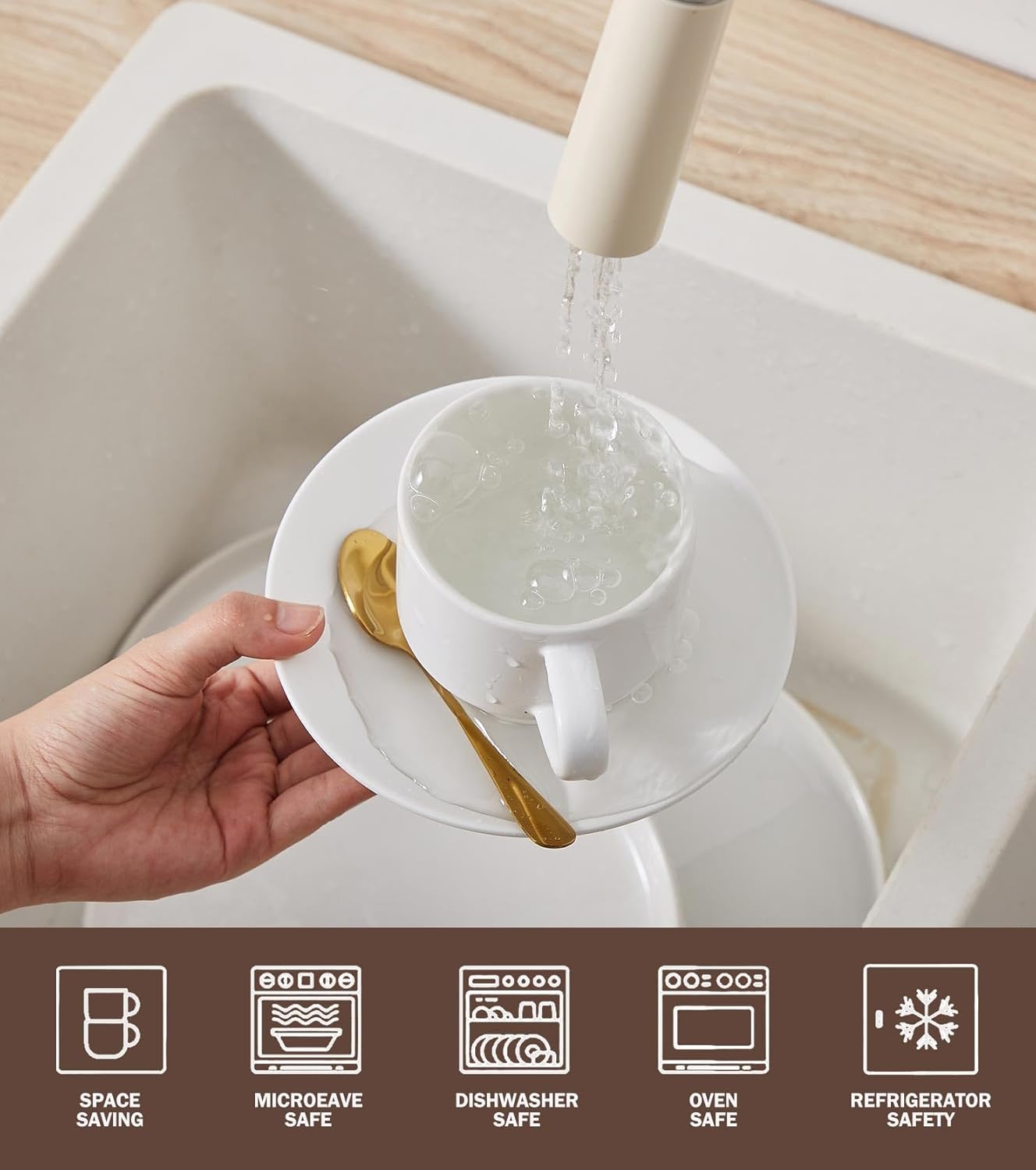 Lareina 8 Ounce Porcelain Cappuccino Cups Set of 4, Stackable Coffee Cups with Saucers, Spoons and Metal Stand -for Specialty Coffee Drinks, Cappuccino, Latte, Americano and Tea, White