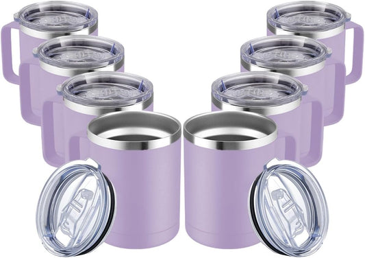 MEWAY 12oz Coffee Mug With Handle and Sliding Lid,Stainless Steel Travel Tumbler Cup with Handle,Double Wall Vacuum Insulated Camping Cup for Hot & Cold Drinks Tea (Lilac,Set of 8)