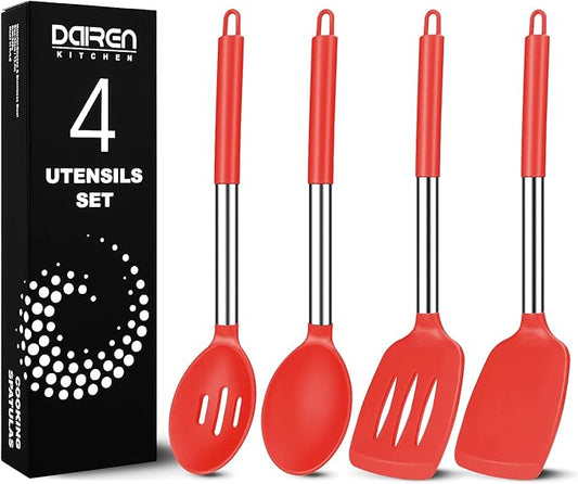 Pack of 4 Large Silicone Cooking Spatulas and Spoons, Slotted and Solid Stainless Steel Cooking Utensils Set, Non-stick Heat Resistant Kitchen for Baking, Fried, Stir-Fry, Mixing, Serving (Red)