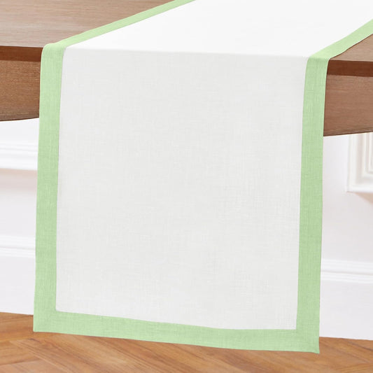 Solino Home Linen Table Runner 48 Inches - 100% Pure Linen Pastel Green and White Short Table Runner 14 x 48 Inch Ideal for Dresser and Coffee Tables - Fall, Autumn, Thanksgiving, Christmas - Classic