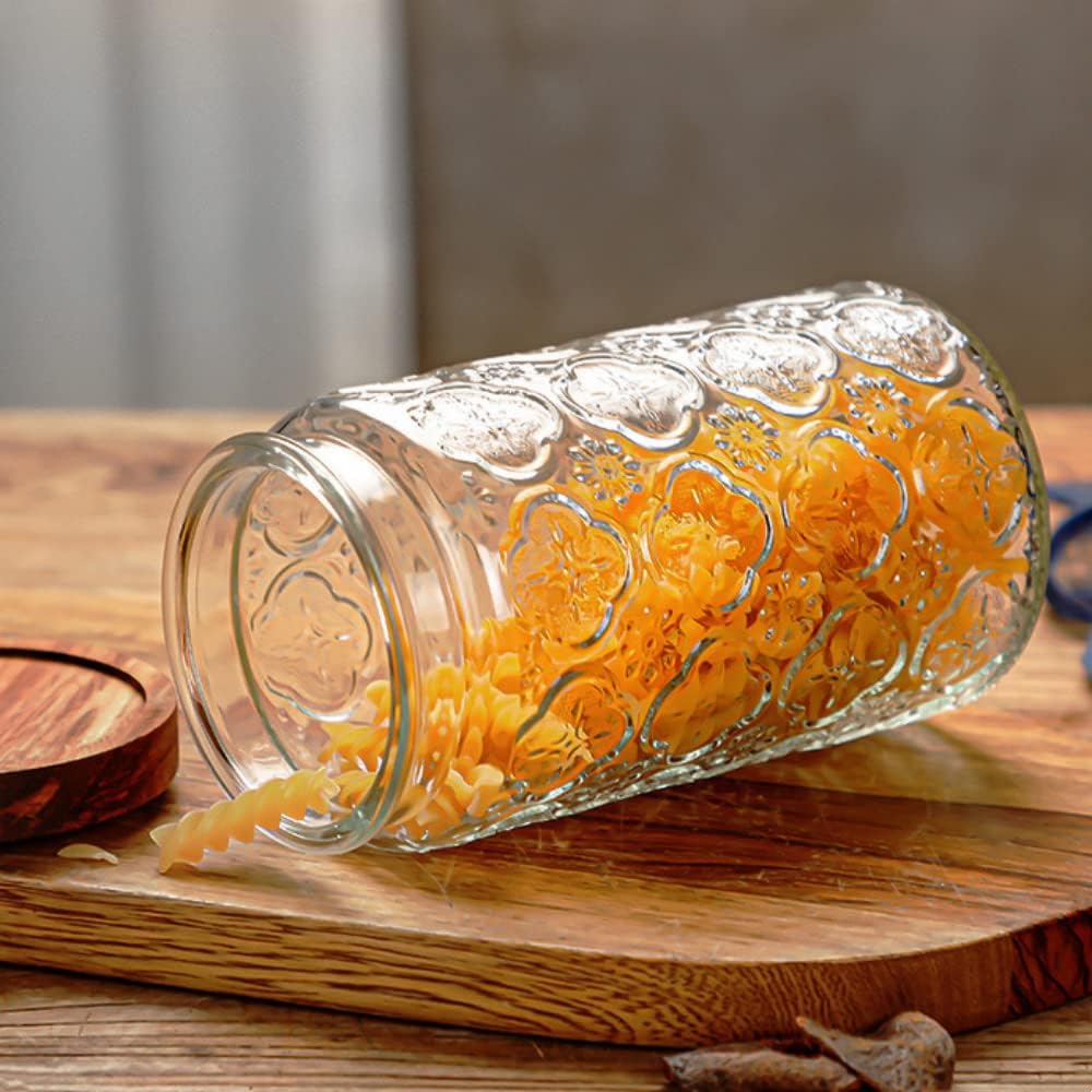 ANSQU Vintage Glass Storage Jar, 34 FL OZ Glass Food Storage Containers with Bamboo Lid, Airtight Cookie Jar Candy Jar for Kitchen Counter, Pantry, Coffee, Tea, Sugar (Round, Begonia)