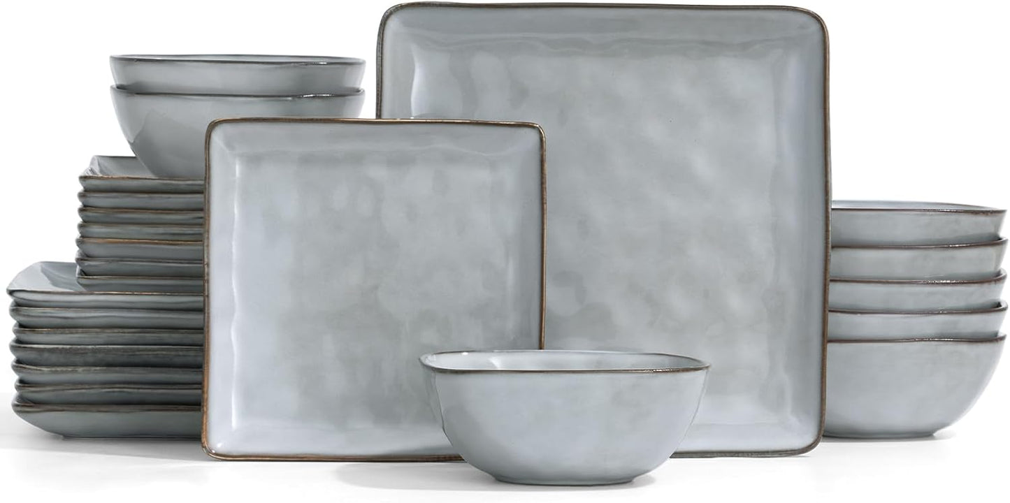 Famiware Dinnerware Sets for 8, Ocean Square 24-Piece Kitchen Plates and Bowls Sets, Microwave and Dishwasher Safe, Scratch Resistant, Grey