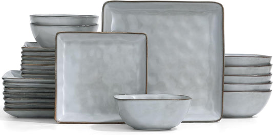 Famiware Dinnerware Sets for 8, Ocean Square 24-Piece Kitchen Plates and Bowls Sets, Microwave and Dishwasher Safe, Scratch Resistant, Grey