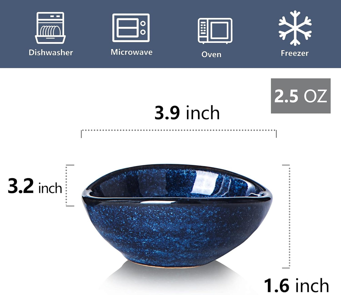 vicrays Ceramic Dipping Sauce Bowls – Small Charcuterie Dip Cups Cooking Prep Condiment Oil Dish Mini Tapas Plates for Soy Sushi Salsas Wasabi Appetizer Dessert - Set of 6 Blue