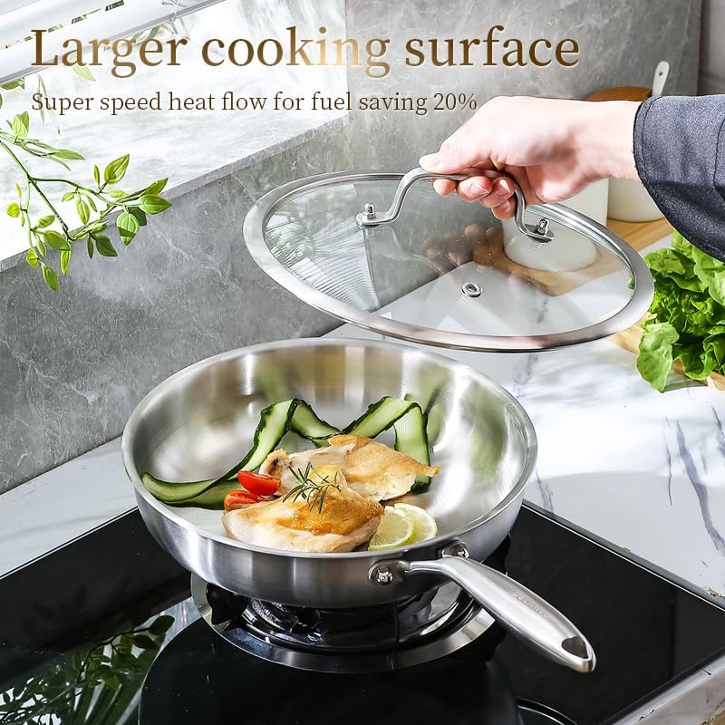 DELARLO Tri-ply Stainless Steel Frying Pan Set with Lid 8"10" Induction large Skillets Chef's Pan,Pots and Pans Set Kitchen Cookware Set Suitable for All Stove