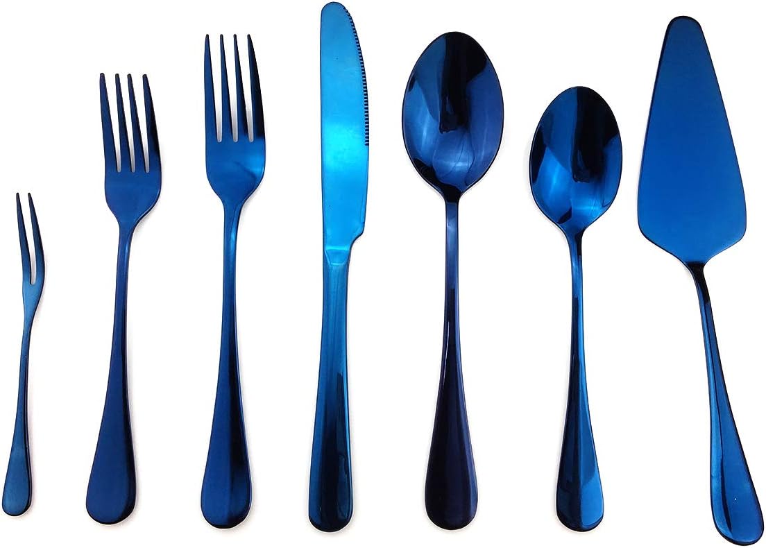Gugrida 19 Pcs Mirror Polished Reusable Utensils Vitalt Eco-Friendly Stainless Steel Blue Flatware Dinnerware Set, Shiny Cutlery Knife Fork Spoon Fruit Fork Set & 1x Cake shovel, Service for 3