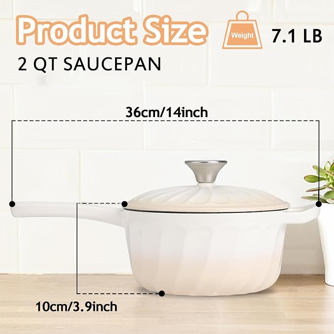 Enameled Cast Iron Sauce Pan, 2 Quart Enameled Saucepan with Lid, Mini Dutch Oven Enamel Saucepan for Cooking Pasta Sauce, Gravy, Puddings, Marinate, Boiling (Gradient Caramel)