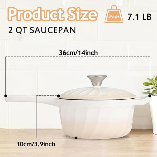 Enameled Cast Iron Sauce Pan, 2 Quart Enameled Saucepan with Lid, Mini Dutch Oven Enamel Saucepan for Cooking Pasta Sauce, Gravy, Puddings, Marinate, Boiling (Gradient Caramel)