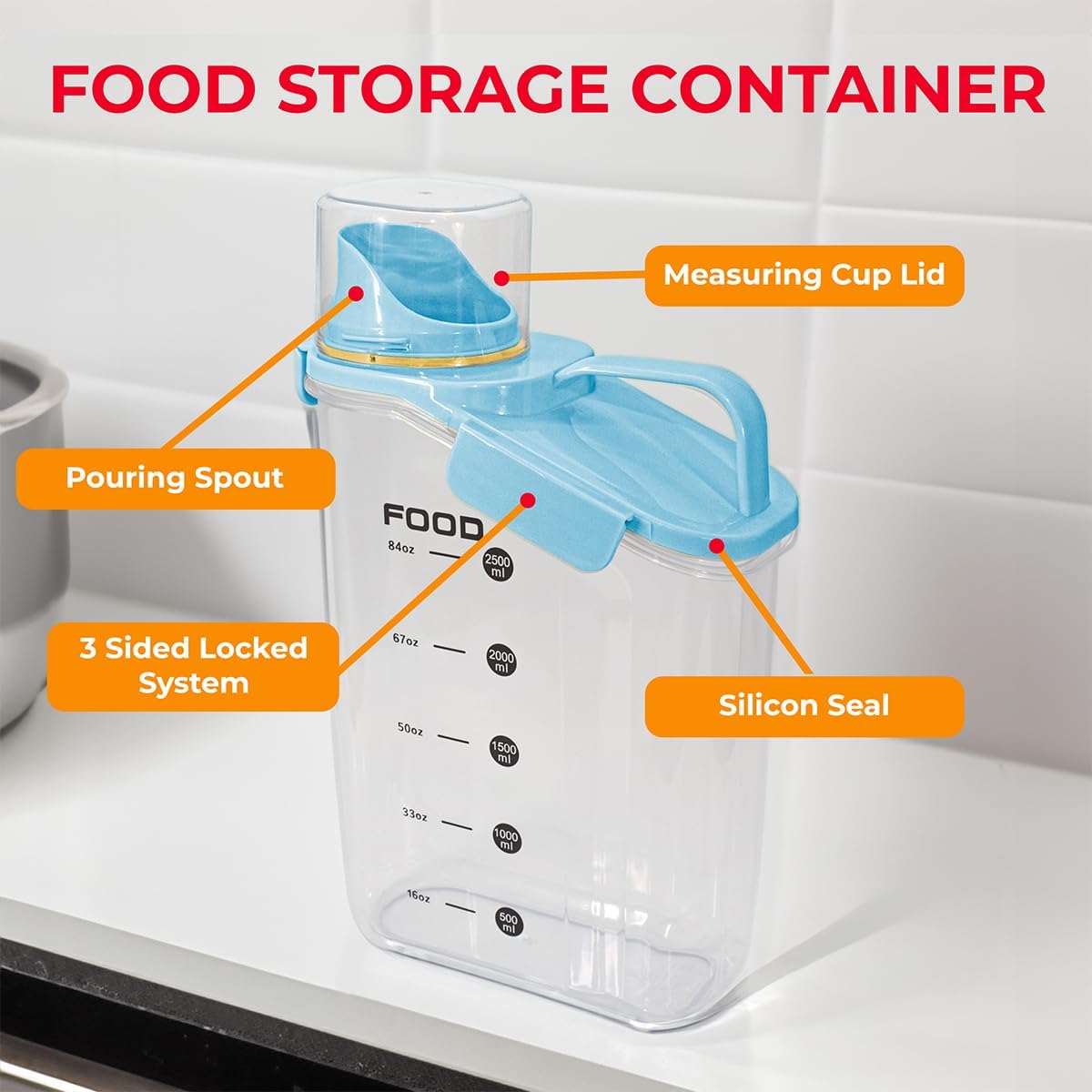 Two Pack Food & Cereal Storage Container - 2.6L Airtight Plastic Kitchen Organizer Bin with Pouring Spout, Measuring Cup Lid, Ideal for Dry Food, Rice, Sugar, Pet Food dispenser - BPA free (Blue)