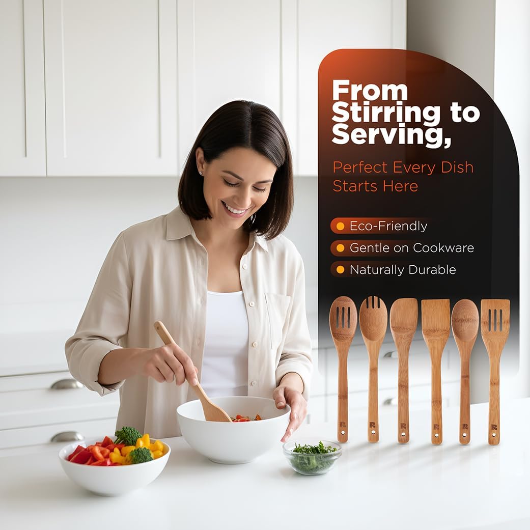 Riveira Dark Bamboo Wooden Spoons for Cooking 6-Piece, Apartment Essentials Wood Spatula Spoon Nonstick Kitchen Utensil Set Premium Quality Housewarming Gifts for Everyday Use