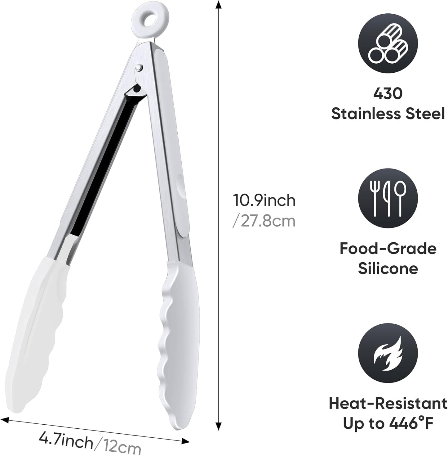 9 Inch Kitchen Tongs, Cooking Tongs with Silicone Tips and Stainless Steel Handle, Non Stick Heat Resistant Tongs for Cooking, Buffet, Salad Serving (9", White)