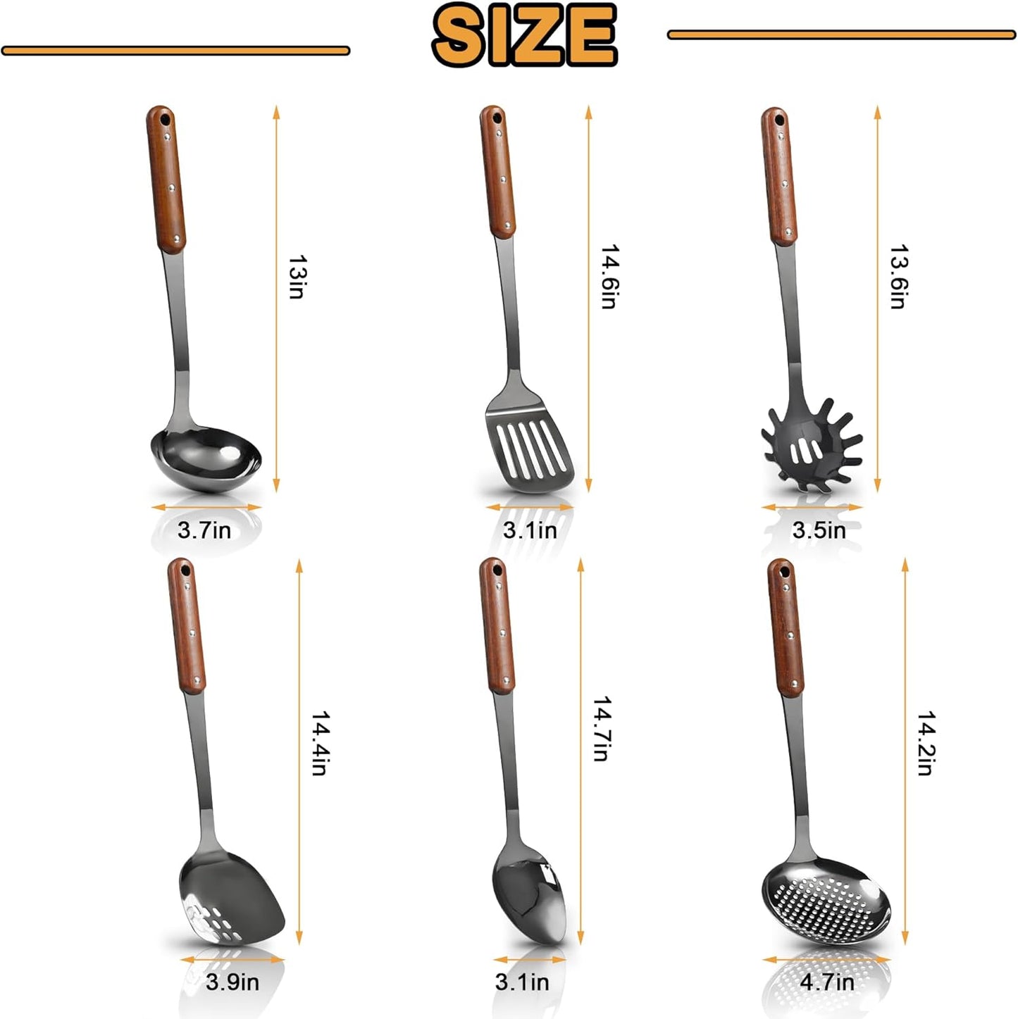 Stainless Steel Mirror Polished Kitchen Utensils Set - 6pcs Cooking Utensils Set with Wooden Handle, Heat Resistant Kitchen Tool Set for Cooking with Turners,Spatula,Ladle,Skimmer,Solid Spoon,Pasta