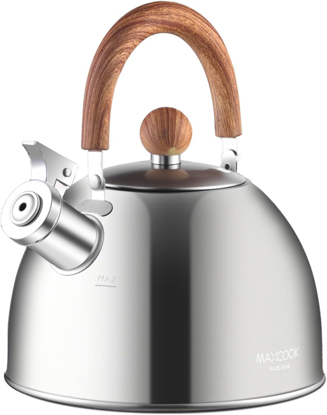 18/8 Stainless Steel Tea Kettle for Stovetop (2L / 2.1 Quart Whistling Tea Pot, Wood Handle)-Silver