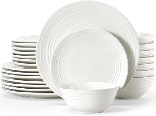 Famiware Plates and Bowls Sets 24-Piece Stoneware Dinnerware Sets, Dishes Set for 8, Speckled Hand-made Reactive Glaze Dish Set, Twilight Series, White
