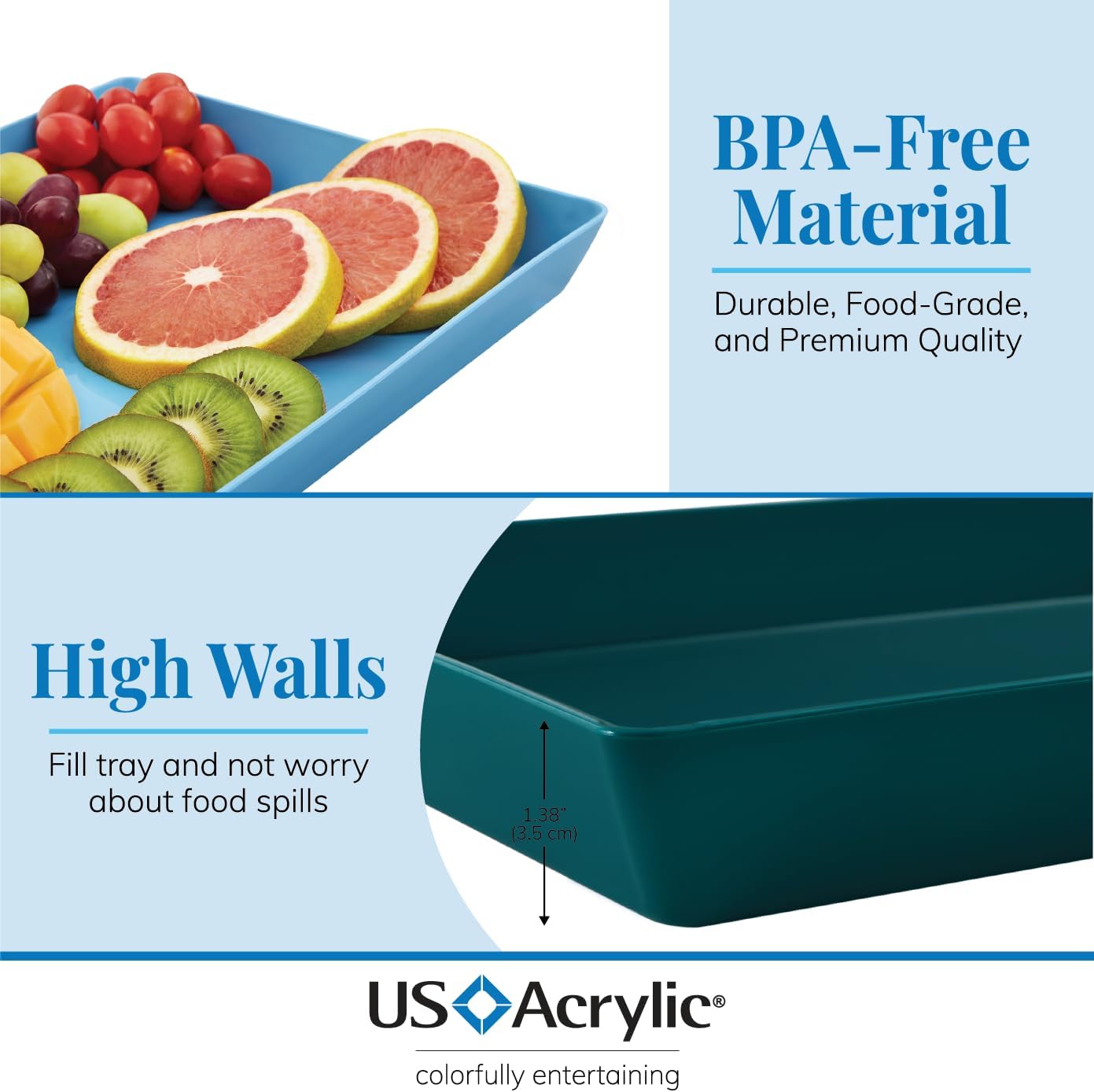 US Acrylic Coastal Plastic Serving Trays (Set of 4) 15” x 10” | Large Unbreakable Reusable Rectangular Party Platters | Serve Appetizers, Fruit, Veggies, & Desserts | BPA-Free & Made in USA
