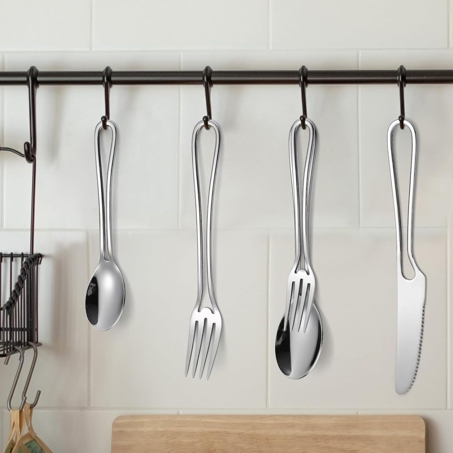 Silvery Flatware Set 4 Hollow Out Cutlery Stainless Steel Silverware 20 Pieces Forks Spoons and Knives Kitchen Utensils Hanging Handle Durable