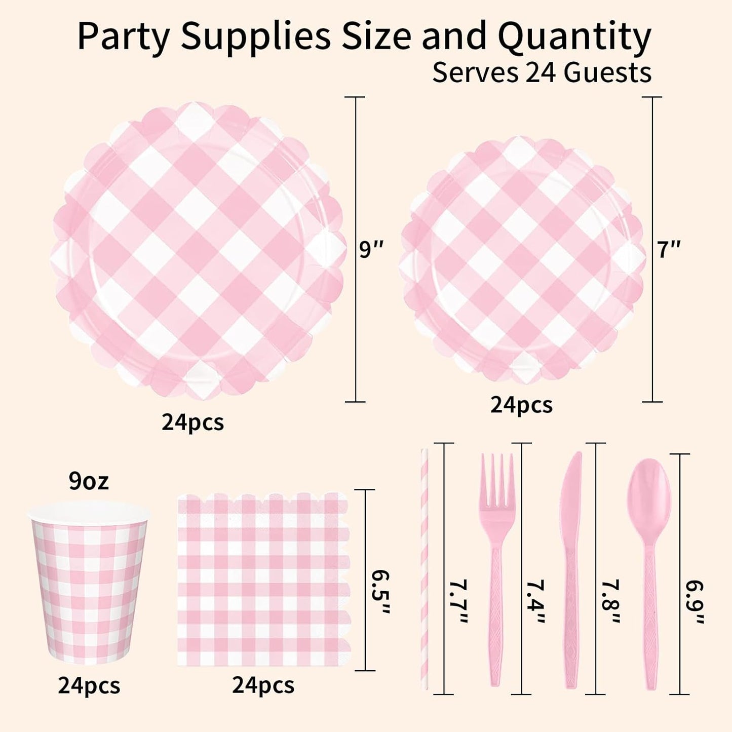 192 PCS Gingham Party Supplies Serve 24 Guests Gingham Plates and Napkins and Cups for Birthday Decorations Baby Shower Checkered Party Supplies Dinnerware Sets for Girl Boy Light Pink White