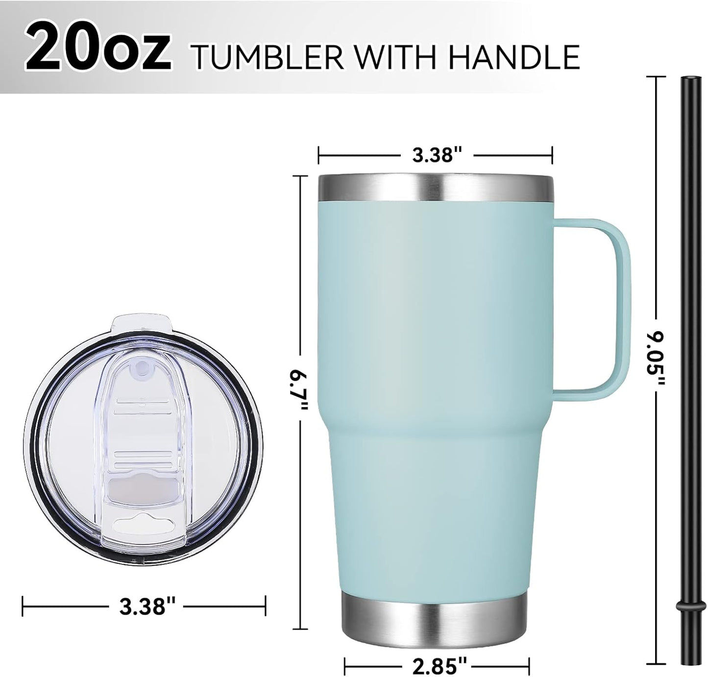 VEGOND 20 oz Tumbler Bulk with Handle Lid and Straw, Stainless Steel Insulated Travel Coffee Mug Set, Spill Proof Double Wall Metal Tumblers Cups, Mint Green 12 Pack
