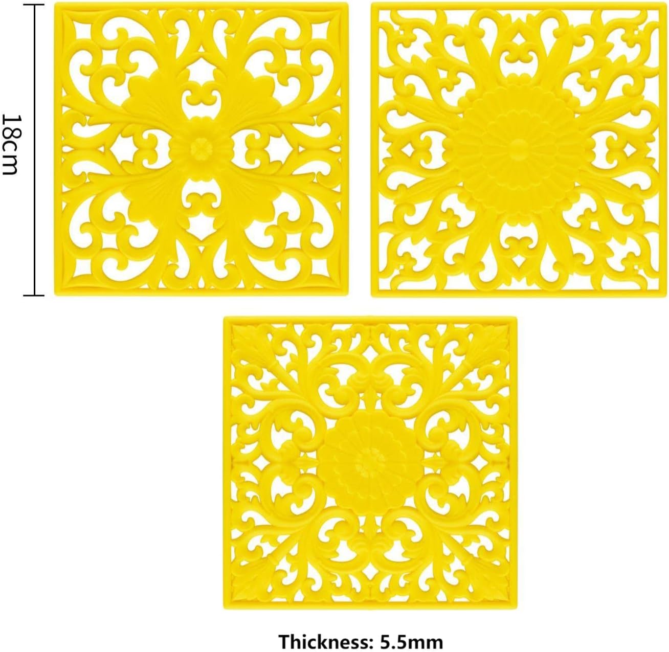 Silicone Trivets for Hot Dishes-Pots&Pans, Square Multi-Use Carved Trivet Mat, Insulated Silicone Mats, Flexible Trivet Mat for Countertop & Tabletop, Pot Holders Hot Pads Set 3 Yellow