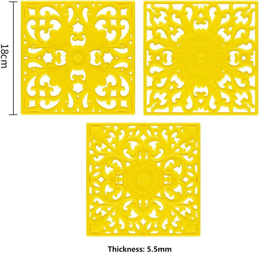 Silicone Trivets for Hot Dishes-Pots&Pans, Square Multi-Use Carved Trivet Mat, Insulated Silicone Mats, Flexible Trivet Mat for Countertop & Tabletop, Pot Holders Hot Pads Set 3 Yellow