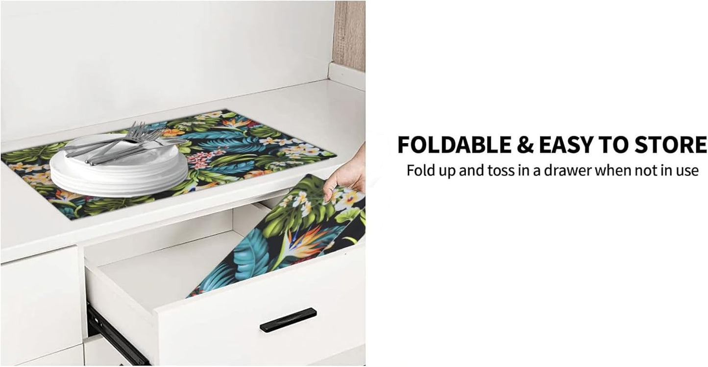 Orange Flowers Hawaii Dish Drying Mat for Kitchen Counter, Floral Flowery 18"x24" Blossom Coffee Bar Dish Drainer Rack Mats Coffee Pot Maker Accessories Decoration Dining Room Pet Feeding Mat Decor