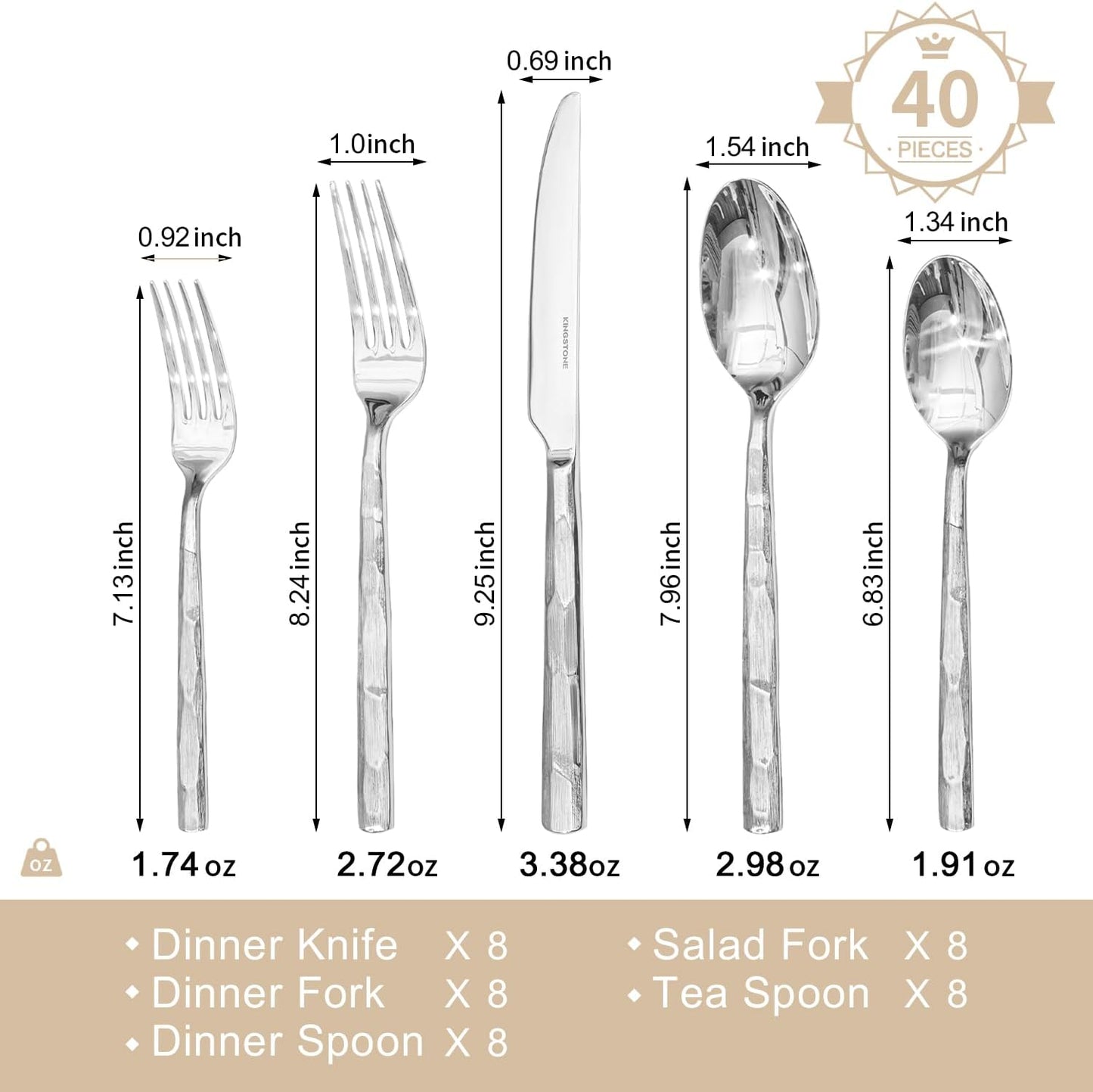 KINGSTONE Silverware Set, 40-Piece 18/10 Stainless Steel Brushed Handle Flatware Cutlery Set, for Kitchen, Home, Party, Wedding Gift, Rust Resistant and Dishwasher Safe