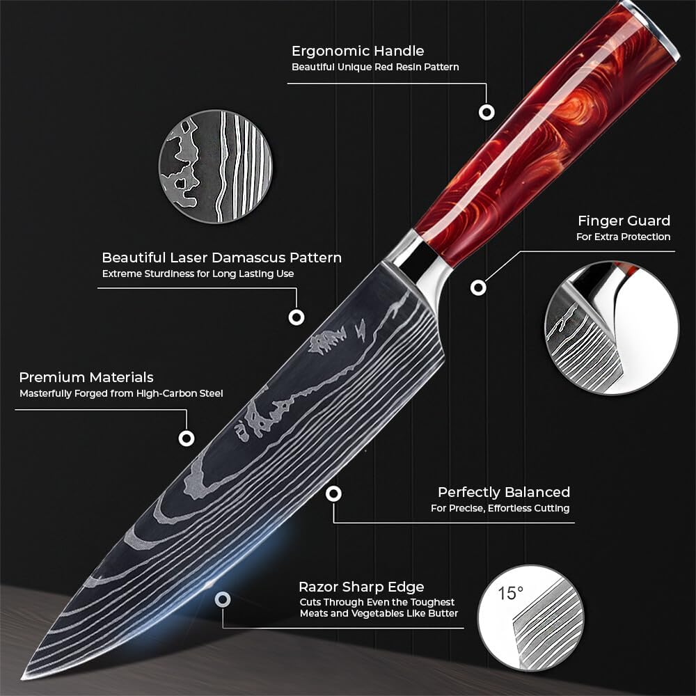 SENKEN 16-Piece Natural Acacia Wood Kitchen Knife Block Set - Japanese Chef's Knife Set with Laser Damascus Pattern, Includes Steak Knives, Kitchen Shears, Santoku, Cleaver & More (Red Resin Handles)