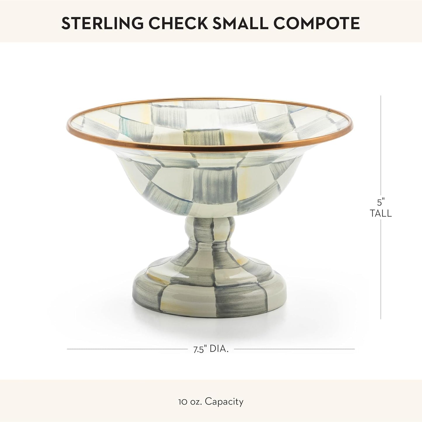 MACKENZIE-CHILDS Enamel Compote, Cute Enamel Pedestal Serving Dish or Decorative Bowl, Small, Gray-and-White Sterling Check