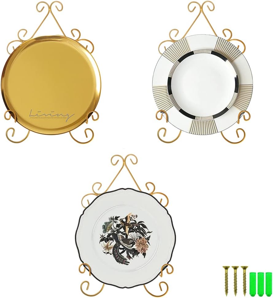 YY YEARCHY Plate Stand Holder for Wall Hanging Display Rack Art Hanger Metal Easel Photo Holder Books Bowls Platters (Yellow, 3)