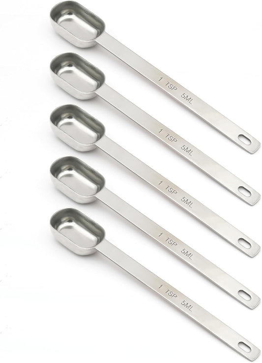 5PCS 1tsp (1/3tbsp, 5ml) Single Measuring Spoon, Stainless Steel Long Handle Individual Teaspoons Only