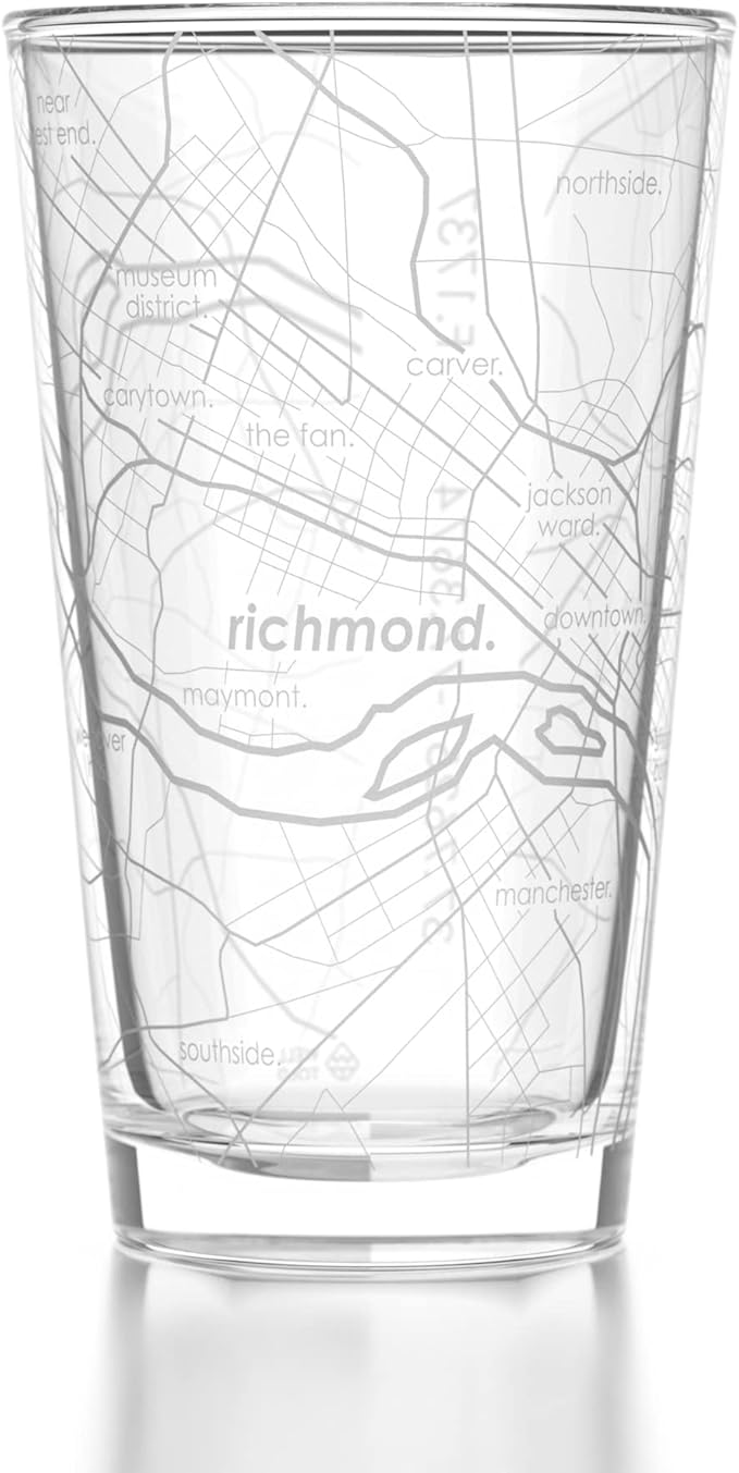 Well Told Engraved Richmond Virginia Map Pint Glass, Etched Beer Gift (16 oz, Clear) City Map Pint, Custom City Glassware, Gifts For Beer Lovers
