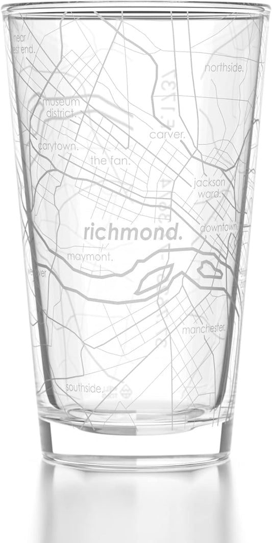 Well Told Engraved Richmond Virginia Map Pint Glass, Etched Beer Gift (16 oz, Clear) City Map Pint, Custom City Glassware, Gifts For Beer Lovers