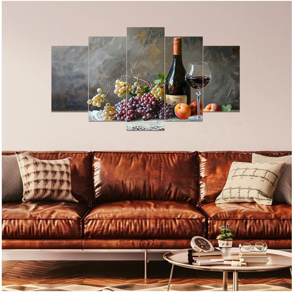 DOARTDO 5 Pieces Kitchen Wall Art Wine and Fruit Grape Pictures Food Canvas Prints Red Wine Cups Painting Large Kitchen Dining Room Bar Cellar Decor Framed (Purple, (16x24inx2 16x32inx2 16x40inx1))