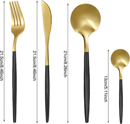 24-Piece Black Golden Flatware Set, Gold Silverware Set for 6, 18/0 Stainless Steel Knife Fork Spoon Teaspoon Silverware Set (Black Golden)