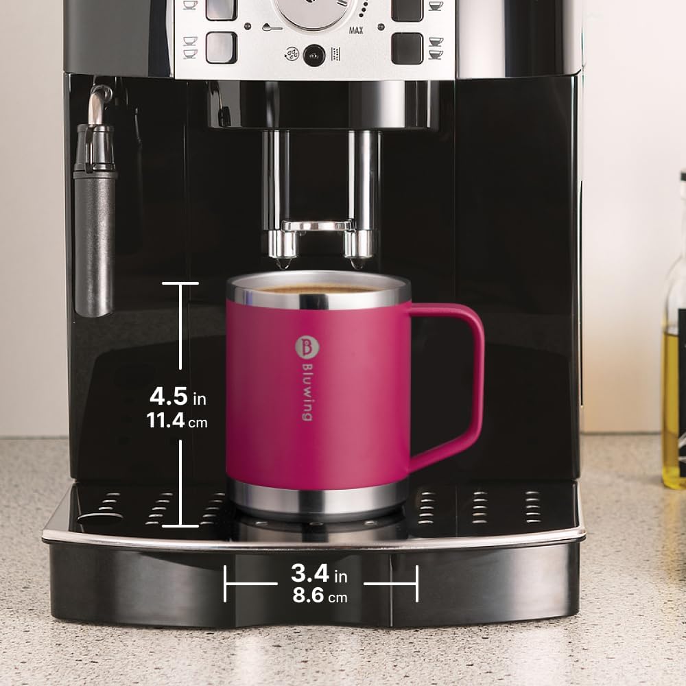 Insulated Coffee Mug with Lid, 12 oz Travel Coffee mug with handle Double Wall Stainless Steel Travel Tumbler Cup, Spill Proof (Fuchsia Red)