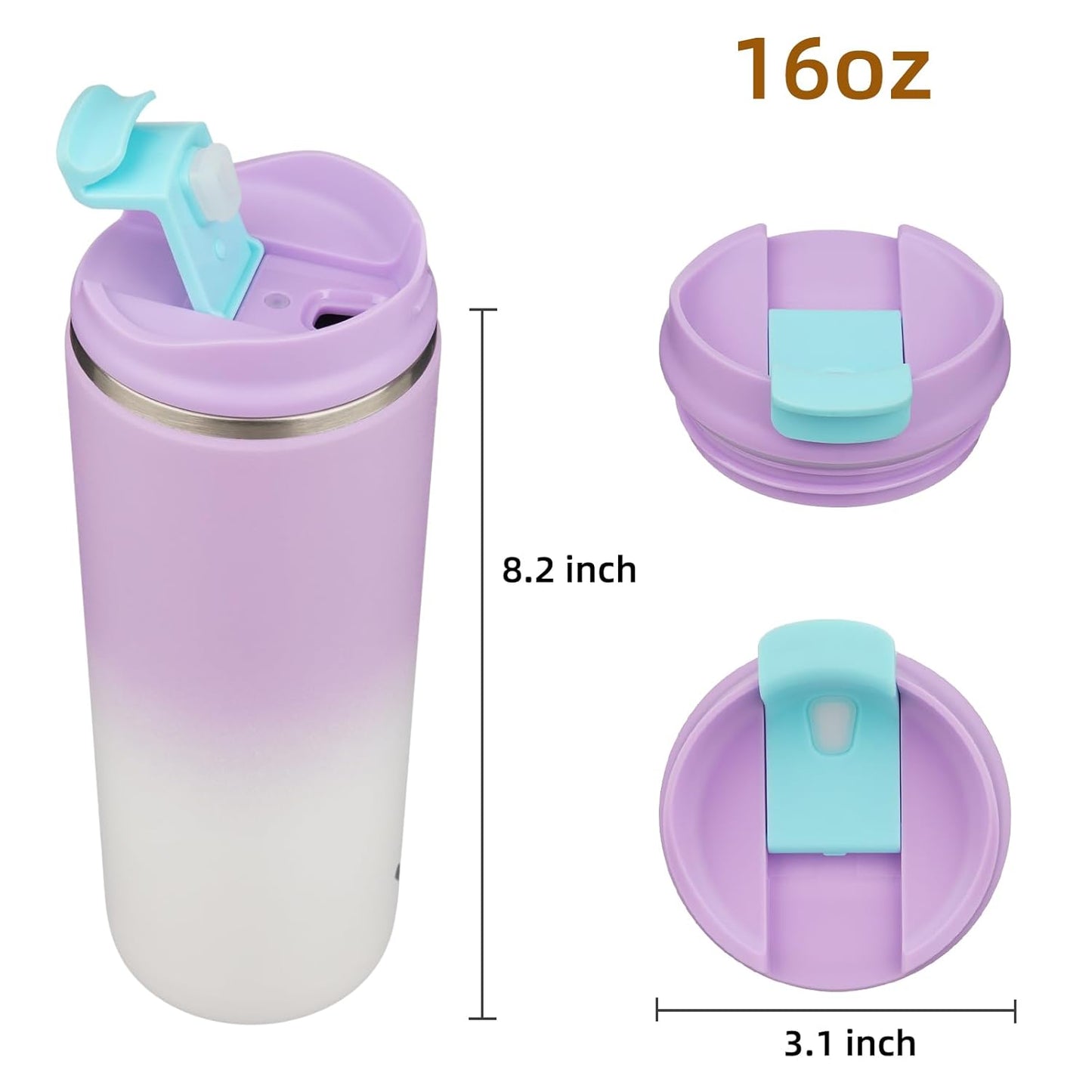 Tumbler with Lid, 16 oz Travel Coffee Mug Double Wall Vacuum Stainless Steel Thermal Metal Cup Insulated Water Bottle,PurpleWhite