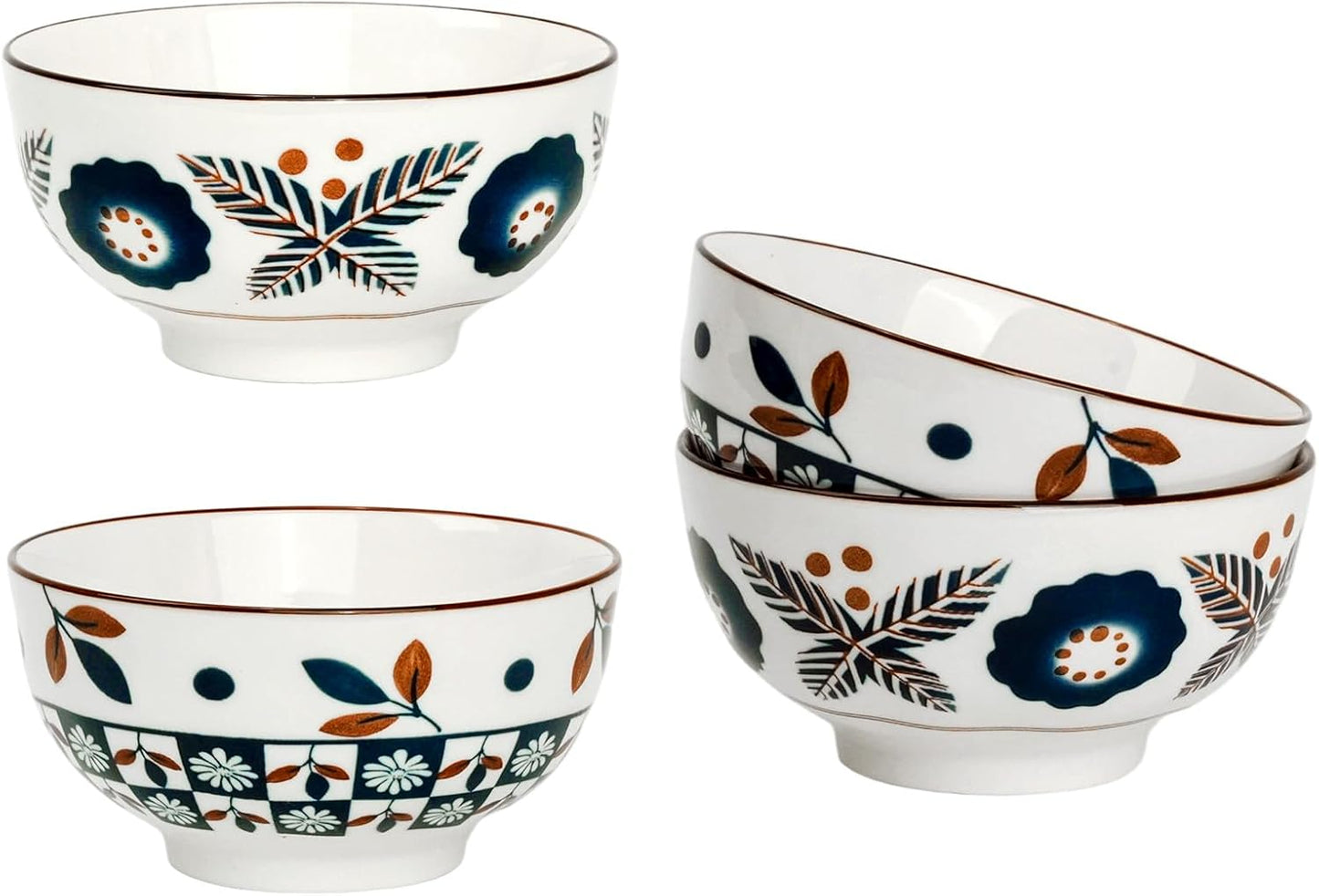 Flower Edge Ceramic Bowls, 4.5-Inch for Kitchen,Rice and Salad, Various Combinations of Japanese Style Blue and White Porcelain (Set of 2)